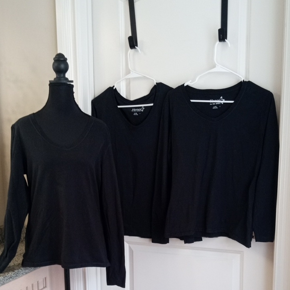 (3) Hanes Black V-Neck Long-Sleeve Tops. Bundle of Three Sale. Size Large
